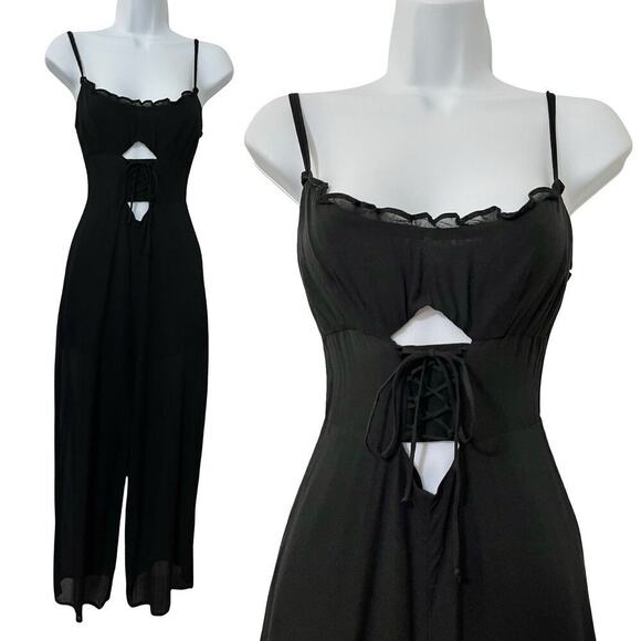 Reformation Fergie Front Lace Up Cutout Wide Leg Jumpsuit Size 4 Black Feminine - Picture 1 of 4